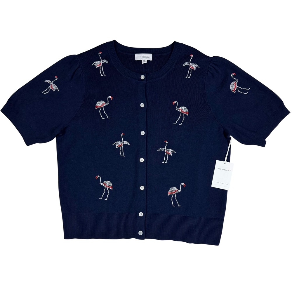 NWT Free Assembly Flamingo Beaded Puff Sleeve Cardigan Women XXL Darkest Navy